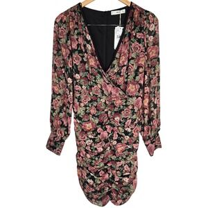 MNG Mango Women's Floral Long Sleeve Mini Dress Ruched Bodycon V Neck